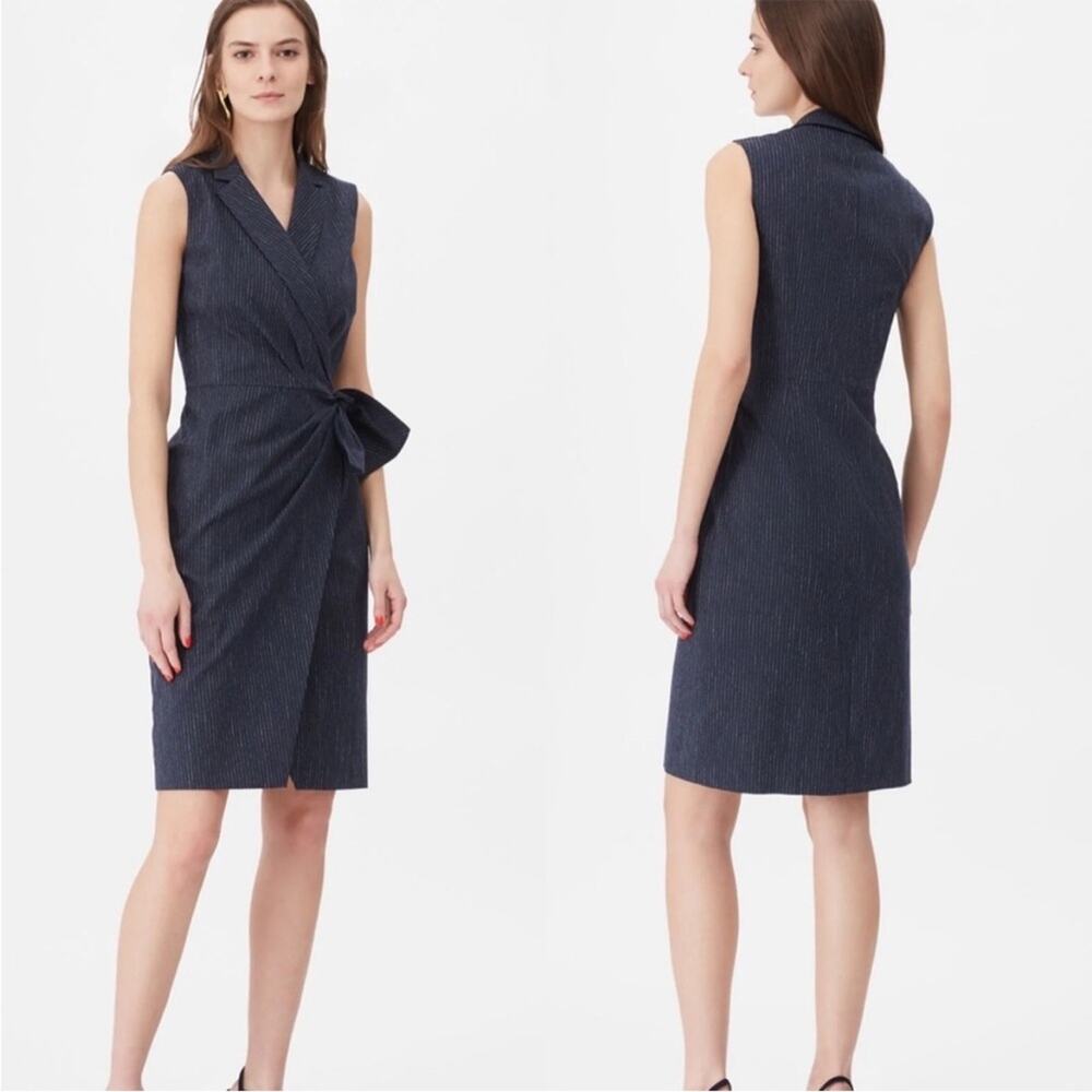Rebecca Taylor Tailored Navy Blue White Pinstripe Side Bow Suited Dress 2 Office